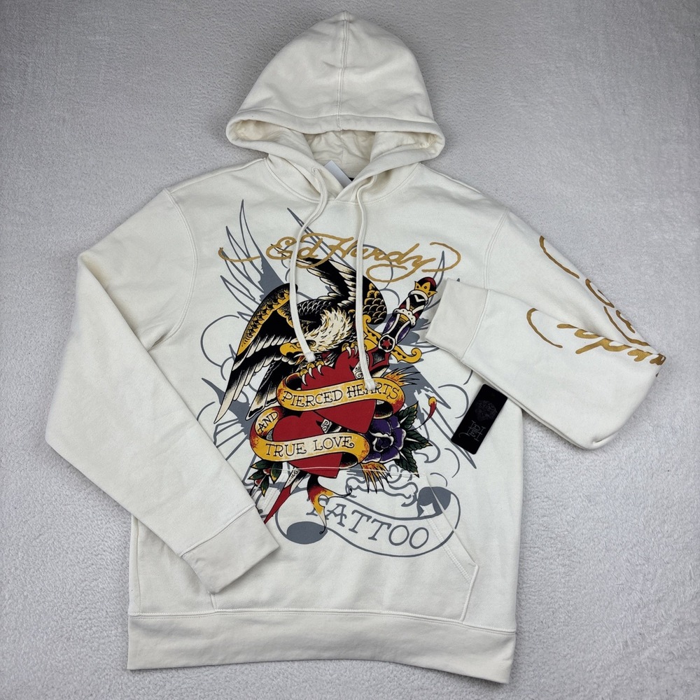 NEW ED HARDY Pierced Eagle Hoodie Mens Medium Double-Sided Y2K Tattoo Streetwear